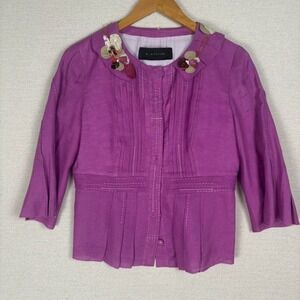 Vtg Y2K Elie Tahari Blazer Womens S Linen Silk Blend Floral Applique Peter Pan